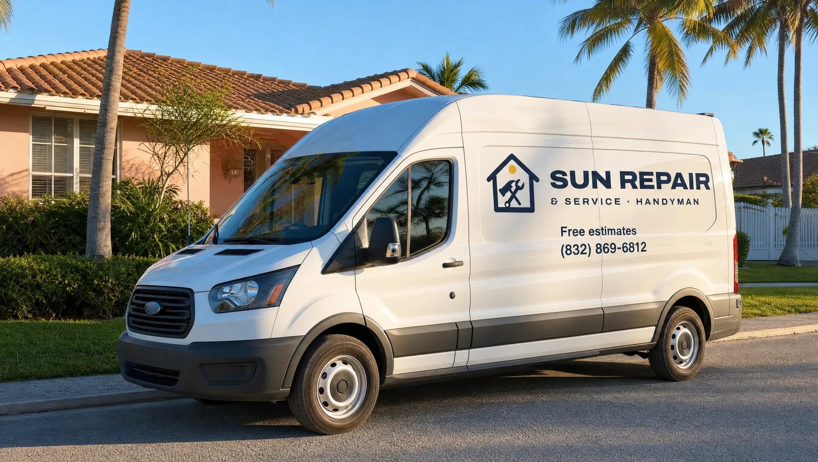 Sun Repair & Service work van with the company logo and phone number